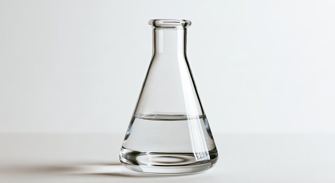 Clear liquid fills a glass conical flask against a light, neutral background
