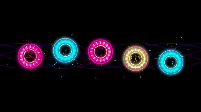 Glowing neon circular rings animated on black background with abstract purple wave lines