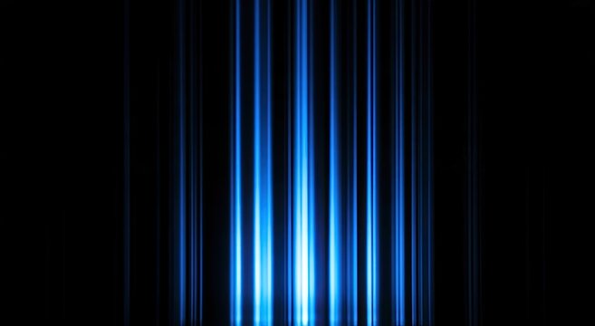 Vertical blue light streaks emanate from the bottom on a dark background