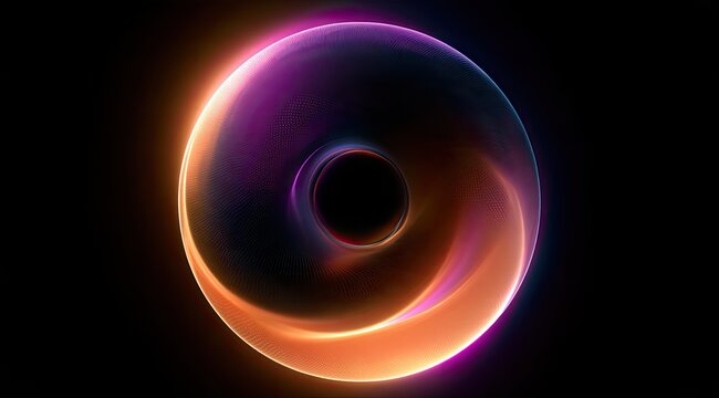 Abstract glowing torus with vibrant orange and purple light flares against black