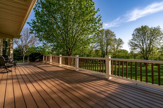 Spacious wooden deck with white railings overlooking a lush green backyard with mature trees under a clear blue sky on a sunny day