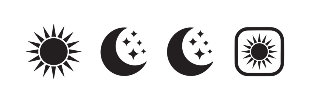 Minimalist sun and crescent moon black silhouette icon set on transparent background for weather UI design.