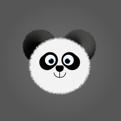 Cute fluffy panda face vector illustration, cartoon baby bear character with big blue eyes, black and white fur, isolated on gray background © VISUALLICIOUS