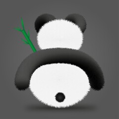 Cute fluffy panda bear from behind vector illustration, cartoon character with bamboo stalk, black and white fur, isolated on gray background © VISUALLICIOUS