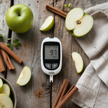 Green Apples Cinnamon Sticks and Glucose Meter on Wooden Table Healthy Lifestyle