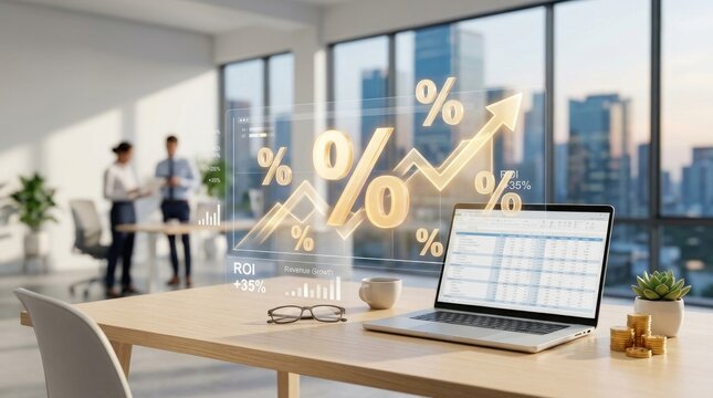 A business professional analyzes financial data on a laptop in a modern office. A holographic display shows increasing revenue growth and ROI percentages.