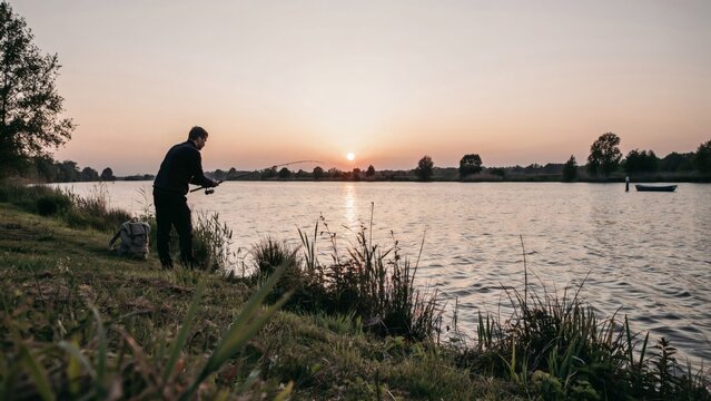 Man fishing with a rod on a grassy riverbank during a calm sunset in the countryside with sunset over wide