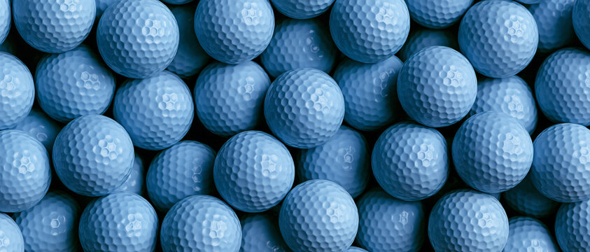 Close-up full frame view of numerous light blue golf balls arranged tightly together, creating a textured background and repeating pattern of dimples, perfect for sports, leisure, or