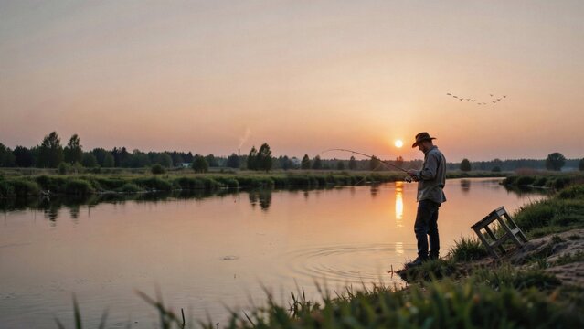 Man fishing with rod on river bank during sunset with birds flying in sky with stands grassy bank sun sets