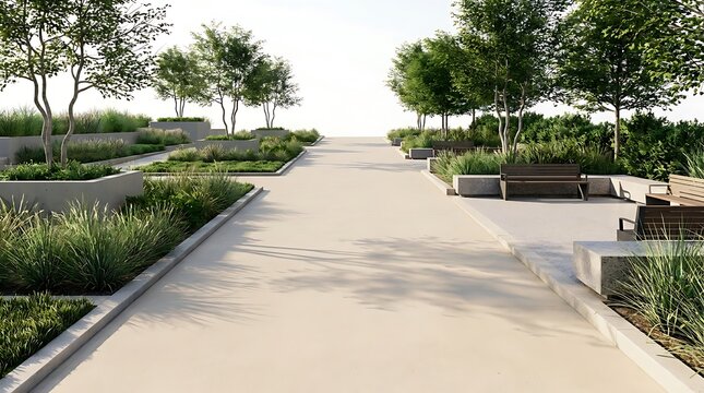 An easier walk along a modern landscaped pathway with concrete planters and green trees under bright daylight