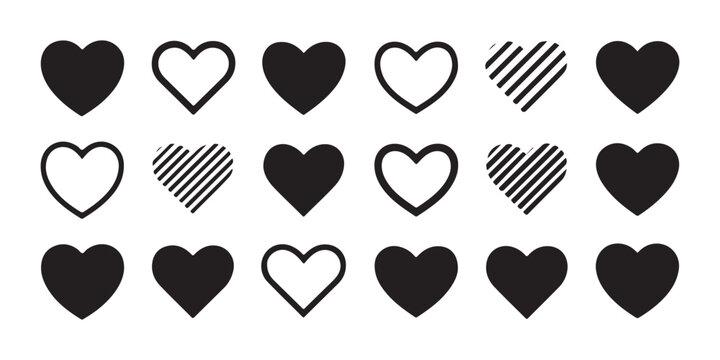 Simple black heart icons set featuring solid fills and diagonal stripe patterns for creative layouts.