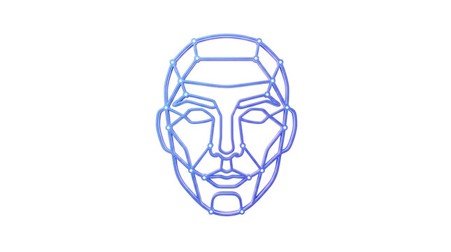 Wireframe face with blue neon glow on png solated on transparent background