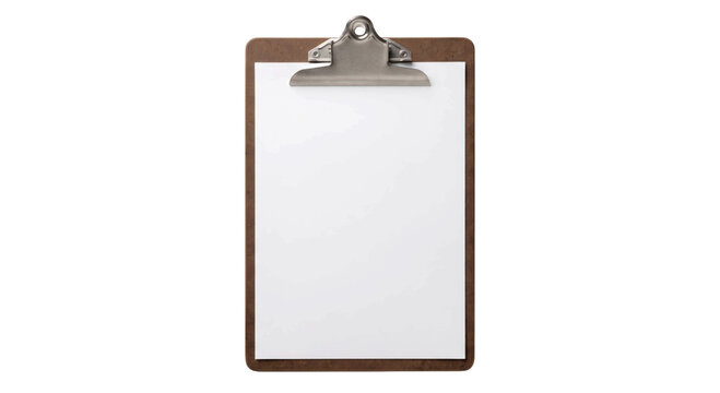Clipboard with blank white paper and metal clip on a white background