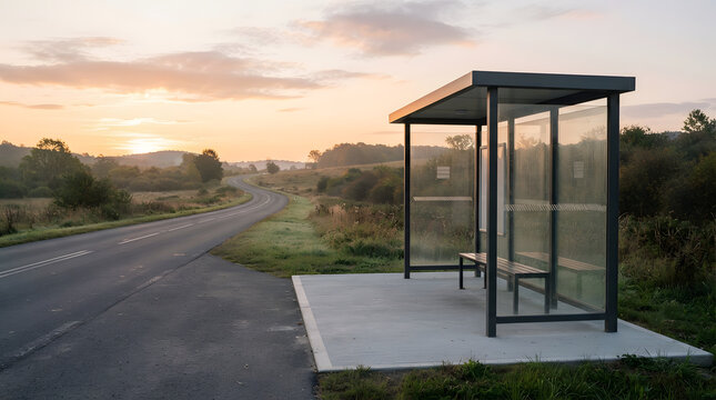 Empty bus stop on a rural road at sunrise with soft morning light and scenic landscape view.