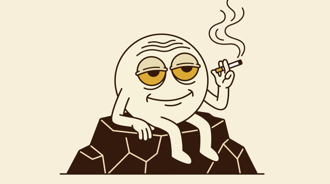 Minimalist Cartoon Illustration of a Relaxed Character Smoking on a Rock