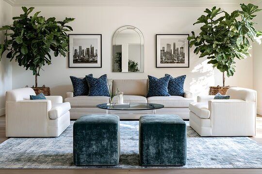 Elegant living room with a cream sofa, two armchairs, blue velvet ottomans, large potted fiddle leaf fig trees, and city skyline wall art