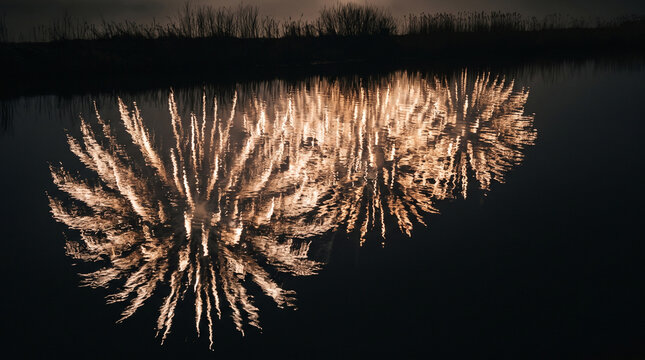 Golden new year fireworks reflected on a calm dark river at night