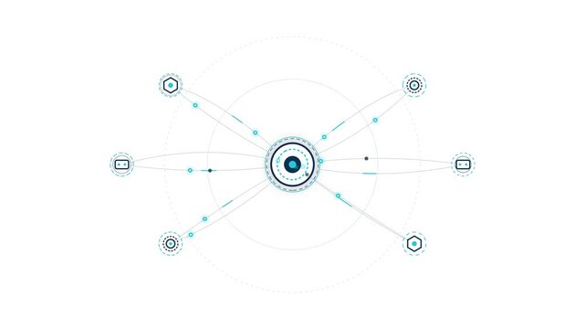 Digital network connection HUD overlay animation with glowing blue nodes and geometric data lines moving dynamically across a clean white background in this abstract technology stock motion video clip