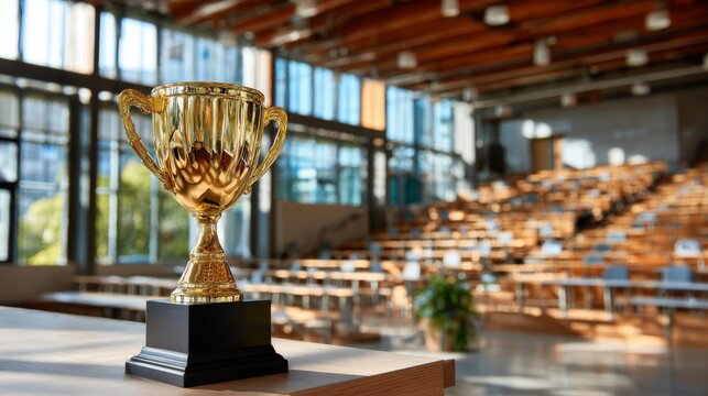 Golden trophy cup stands prominently on wooden desk inside empty university lecture hall