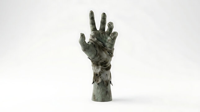 Decaying zombie hand reaching up on isolated white background