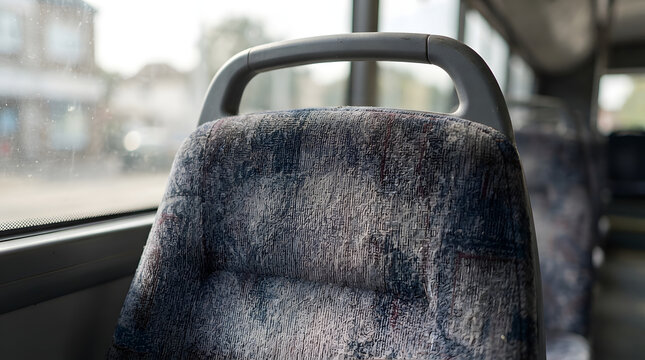 Empty bus seat with patterned fabric upholstery inside a public transport vehicle.