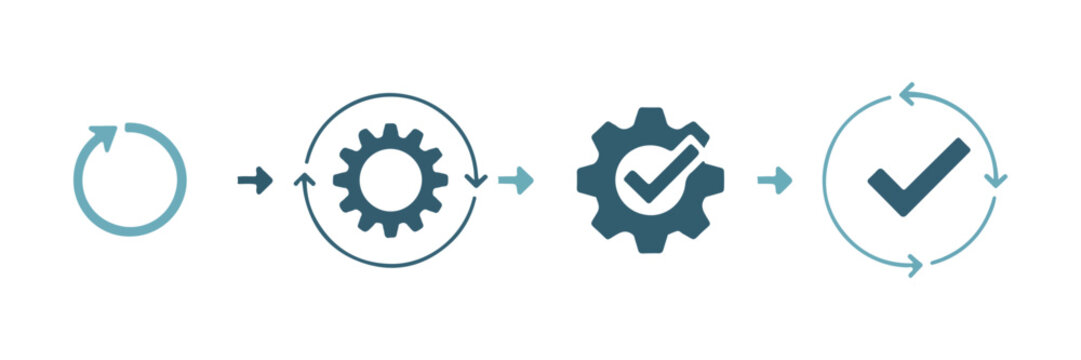 Step by step process flow with gear refresh and checkmark icons for software development workflow diagrams.