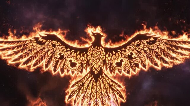 Mythical phoenix bird spreading flaming wings in fire.