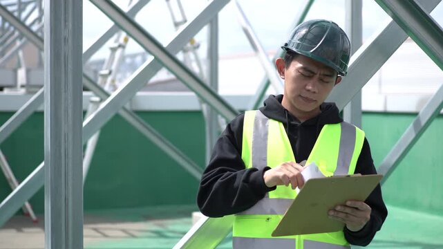 Asian Construction Worker Inspecting Rooftop Site with Clipboard on Sunny Day