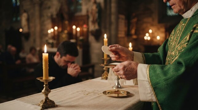 A priest performs the sacrament of communion. He holds a consecrated host and wine, presenting them to a kneeling worshiper.