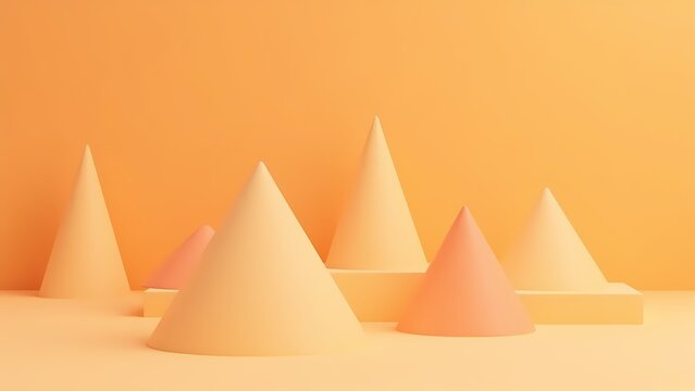 Abstract 3D pyramid and cone shapes composition with warm golden hour light 