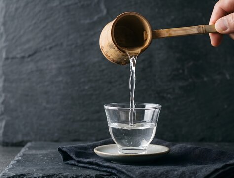 A pristine, elegant product close-up photograph. A stream of perfectly crystal-clear, unfiltered, yet refined Muroka sake flows from a traditional bamboo 'hishaku' ladle into a clear.