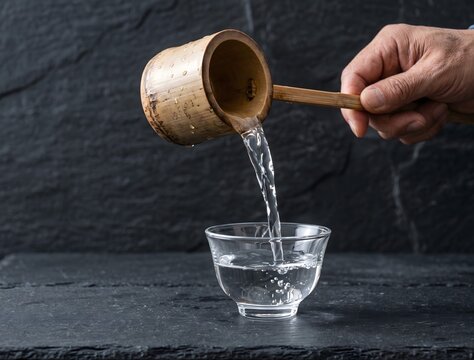 A pristine, elegant product close-up photograph. A stream of perfectly crystal-clear, unfiltered, yet refined Muroka sake flows from a traditional bamboo 'hishaku' ladle into a clear.