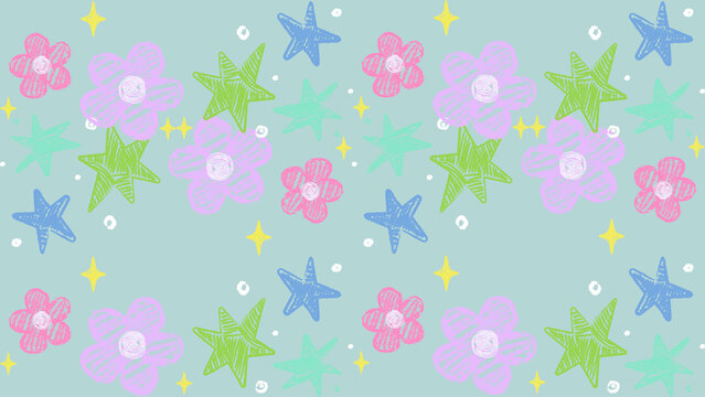 Hand drawn floral seamless pattern, pastel flower and star background, cute doodle botanical texture for nursery wallpaper and textile design