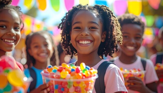 Happy black girl smiling holding colorful gummy candies