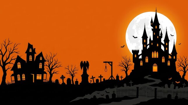 Spooky haunted castle silhouette standing against bright full moon on orange background featuring creepy graveyard tombstones for annual Halloween celebration
