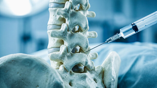 Medical procedure showing a syringe injecting medication into a human lumbar spine model