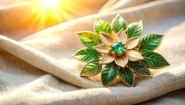 Golden emerald flower brooch sparkling in sunlight