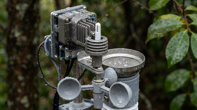 Weather station anemometer measuring wind speed and rainfall in a forest environment.