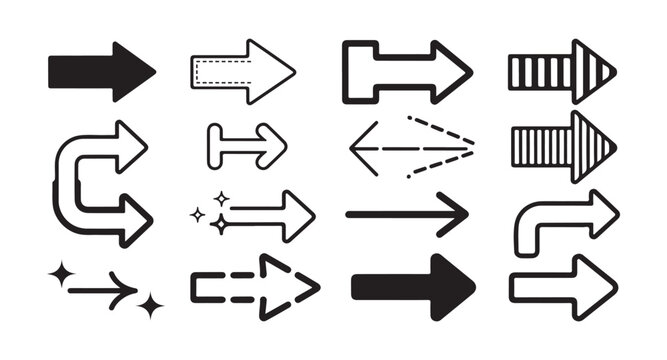 Creative stylized arrow set containing decorative dashed and striped pointers for artistic layout elements.