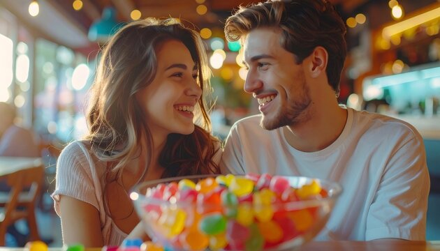 Happy couple enjoying sweet gummy candy at cafe