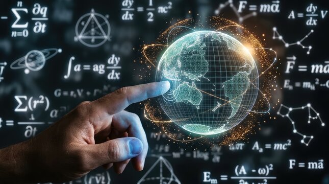Human finger touching glowing digital hologram of planet earth surrounded by complex mathematical equations and physics formulas on dark background