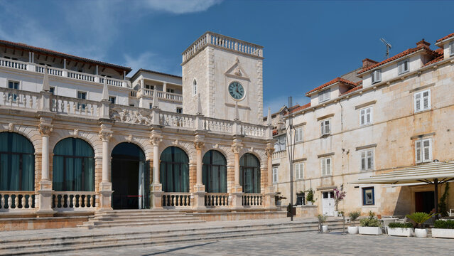 Historic Renaissance City Loggia and Clock Tower on Hvar Island, Croatia