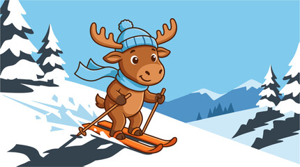 Fototapeta premium Vector illustration of a cute cartoon moose wearing a beanie and scarf, happily skiing down a snowy mountain slope in a winter landscape.