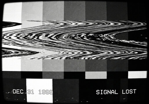 Analog TV test pattern with digital video glitch interference and signal lost text
