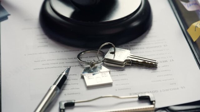 House Keys on Legal Documents with Judge Gavel for Property Law Concept