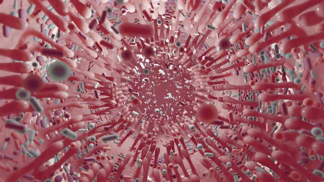4k loop inside human intestine tunnel with microscopic villi and floating gut microbiome bacteria. Realistic 3D medical animation of healthy digestive tract flora and probiotic biology background