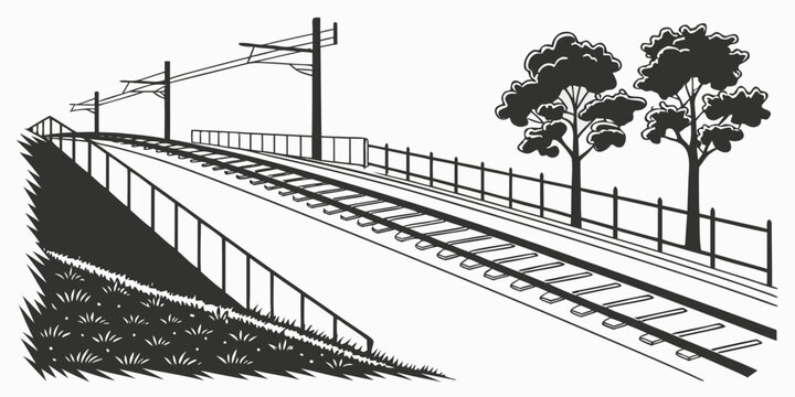 Black and white illustration of an elevated railway bridge with overhead power lines and trees train tracks line art