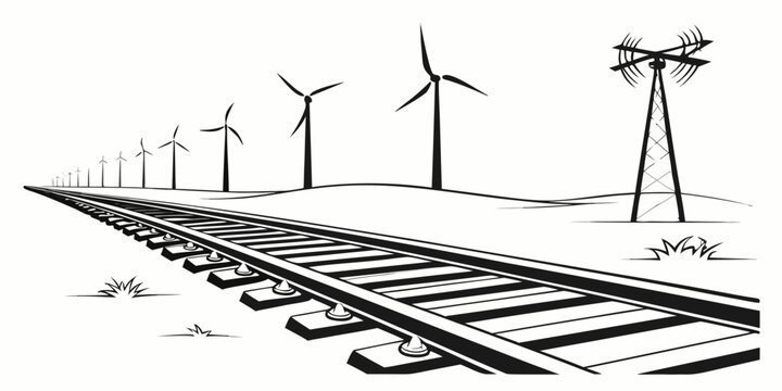 Black and white vector illustration of wind turbines along a railroad track with renewable energy wind power wind farm