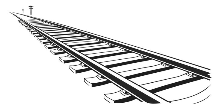 Black and white graphic of a long straight railroad track in perspective with train tracks rail lines vector illustrat