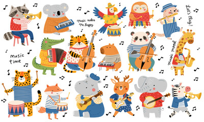 Fototapeta premium Cute collection of musical animals playing different instruments, including trumpet, accordion, violin, guitar, flute, saxophone and drums. Flat vector illustration with playful hand-drawn details